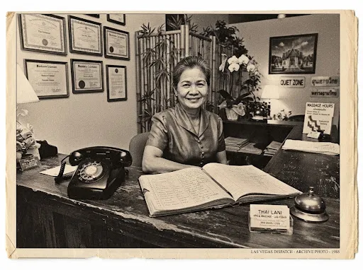 Archival dispatch photo of a Thai massage clinic front desk counter with receptionist and landline phone